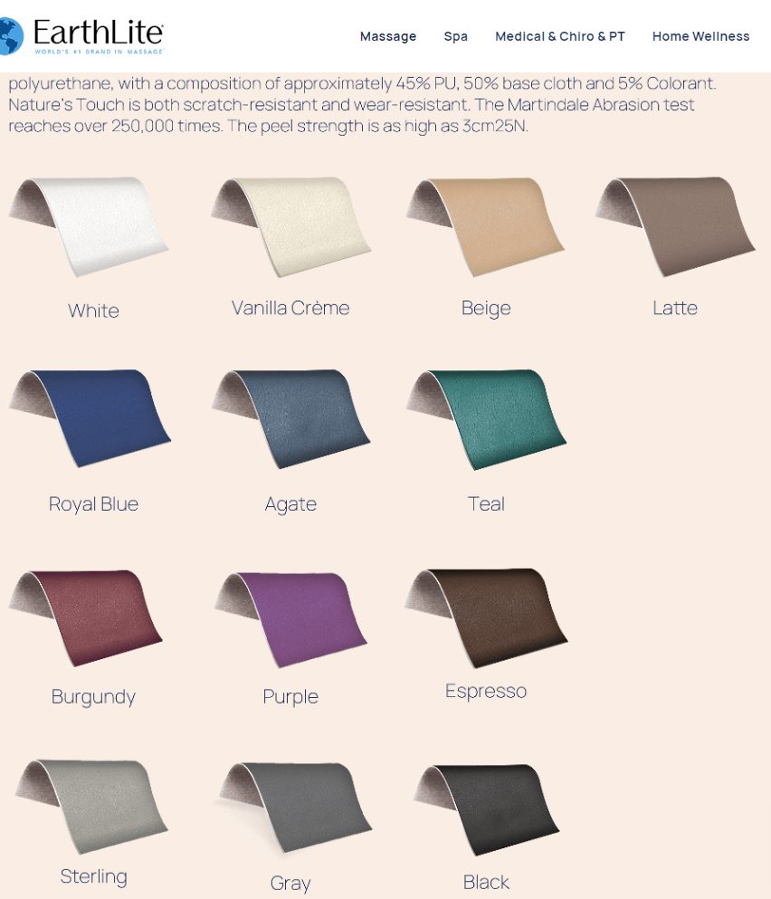 EARTHLITE NT UPHOLSTERY COLORS FOR PORTABLE TABLES