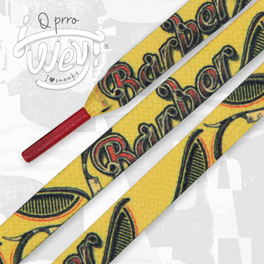 Gold Barber Yellow Background With Barber Text In Red Printed Shoelaces