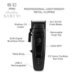 Stylecraft Pro SABER II Professional Metal Clipper with Digital Brushless EON Motor - Black #SC617B (Dual Voltage)