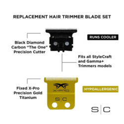 StyleCraft Fixed X PRO Gold Titanium Replacement Trimmer Blade w Black Diamond Carbon DLC Deep Tooth Cutter Set SC523GB 3