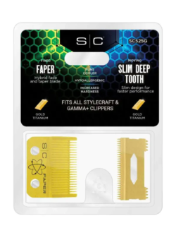 StyleCraft Fixed Gold Titanium Faper Clipper Blade with Moving Slim Deep Cutter Set #SC525G 3 StyleCraft Fixed Gold Titanium Faper Clipper Blade with Moving Slim Deep Cutter Set SC525G 1