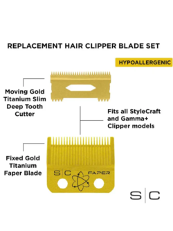 StyleCraft Fixed Gold Titanium Faper Clipper Blade with Moving Slim Deep Cutter Set #SC525G 1 StyleCraft Fixed Gold Titanium Faper Clipper Blade with Moving Slim Deep Cutter Set SC525G 3