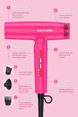 BaBylissPRO Limited Edition Nano Titanium Nano Light Ionic Dryer - Hot Pink BNTC9200HP 1 BaBylissPRO Limited Edition Nano Titanium Nano Light Ionic Dryer - Hot Pink BNTC9200HP